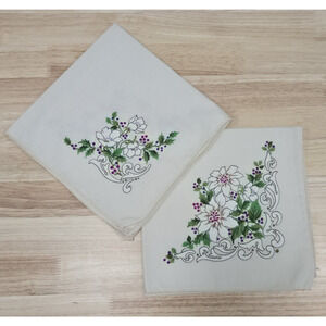 2 - Fabric Table Napkins Christmas Holly Berries Leaves White Poinsettia Flowers